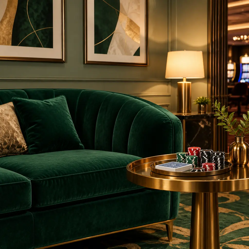 Sudut lounge merek kasino dengan sofa hijau dan meja chip