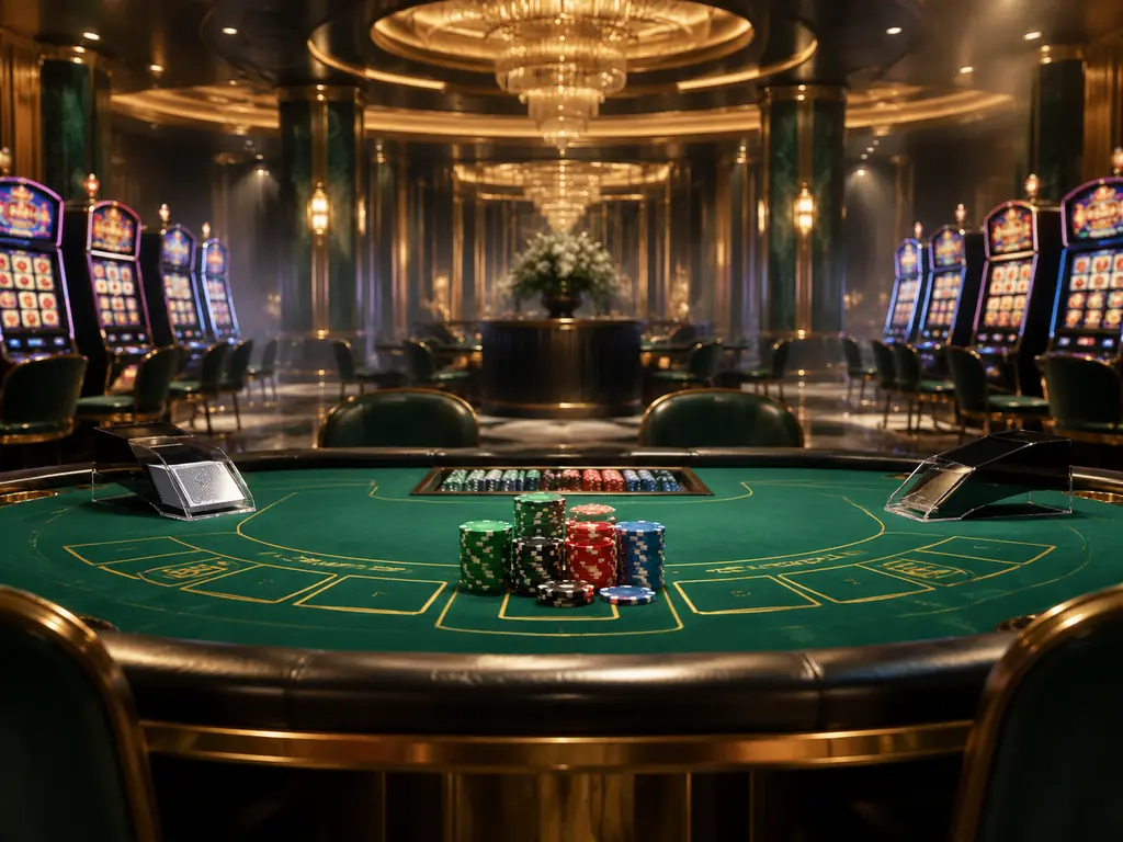 Lobi kasino dengan meja bakarat dan deretan mesin slot klasik