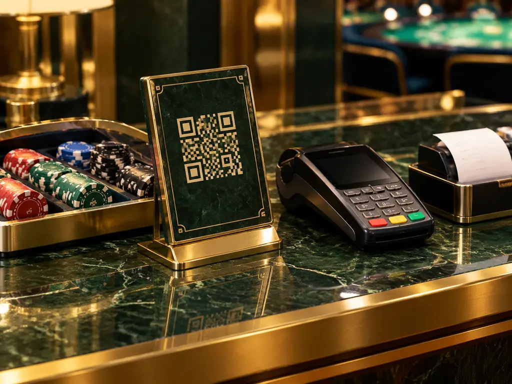 Meja kasir kasino dengan dudukan kode QR dan baki chip