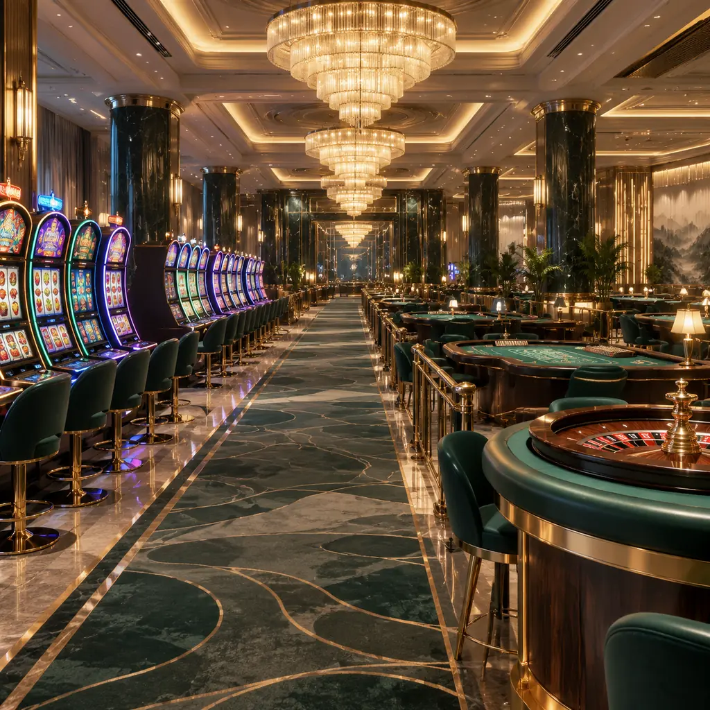Aula permainan kasino dengan meja bakarat, roulette, dan mesin slot