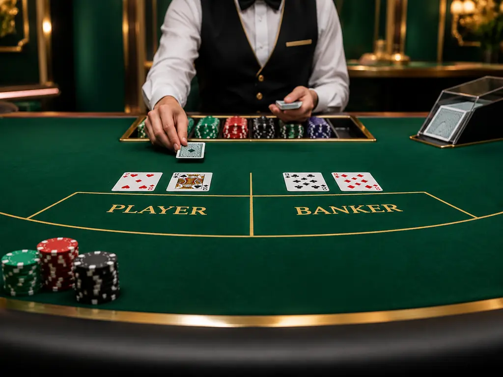 Meja bakarat live dengan dealer dewasa dan tumpukan chip