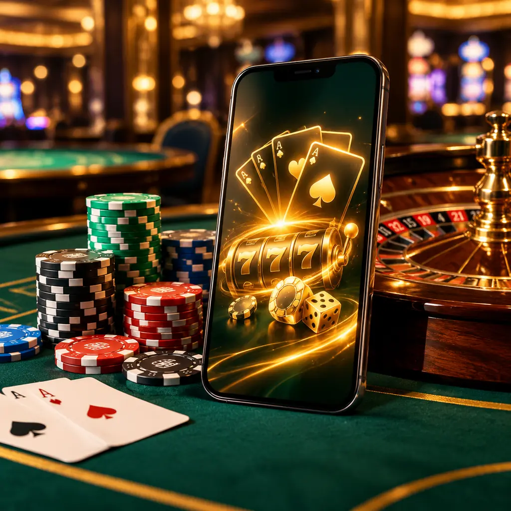 Ponsel di atas meja kasino dengan chip dan kartu remi