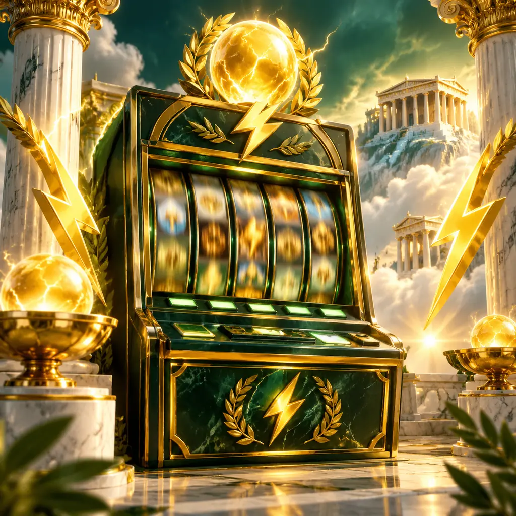 Kabin slot bertema Olympus dengan tiang marmer dan bola pengali emas