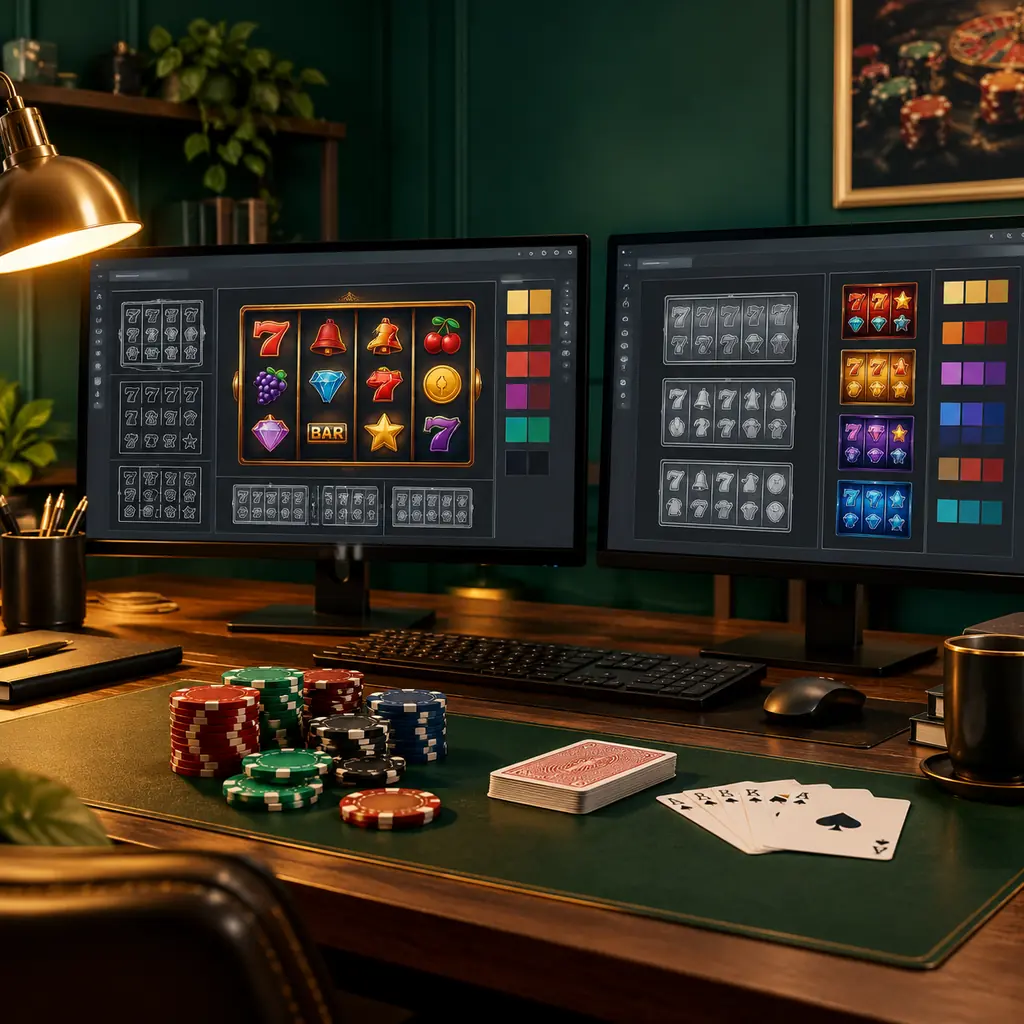 Studio pengembang game dengan monitor menampilkan sketsa grid slot