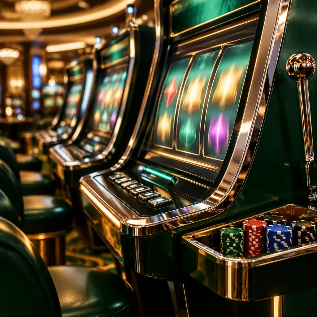 Deretan kabinet mesin slot dengan layar melengkung di kasino