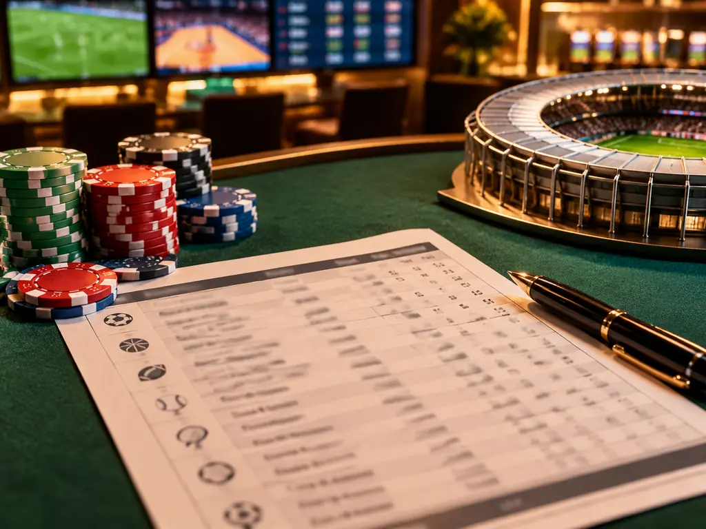 Meja taruhan olahraga dengan daftar pertandingan dan chip