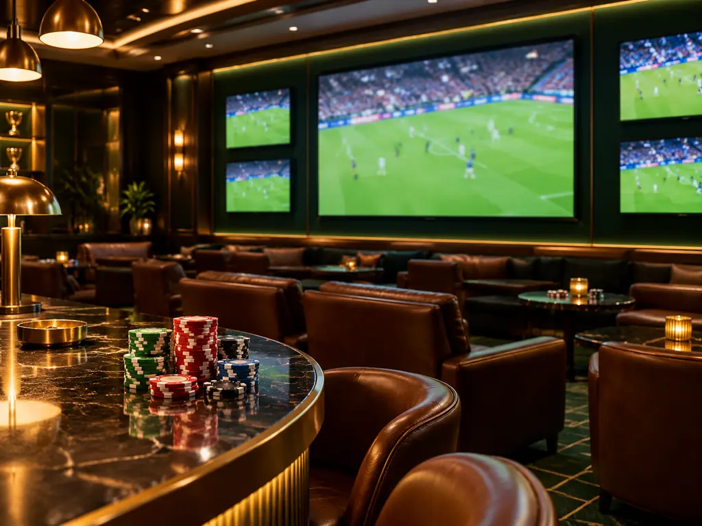 Lounge olahraga kasino dengan layar pertandingan dan meja taruhan